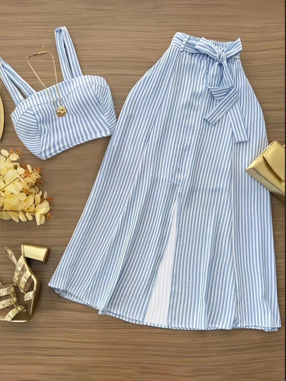 Women's Fashion Casual Commuter Striped Vest and Midi Skirt 2pcs Set